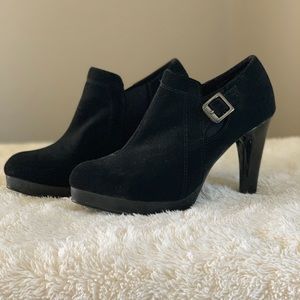 Black faux suede heels
